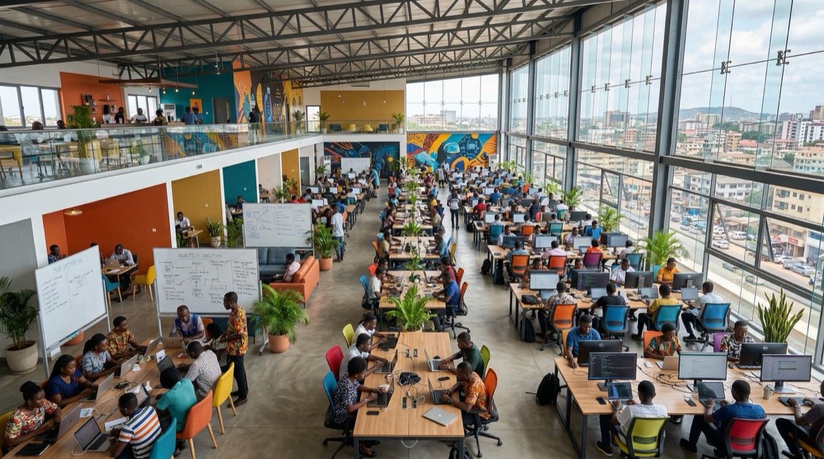 African tech hub with people working on laptops